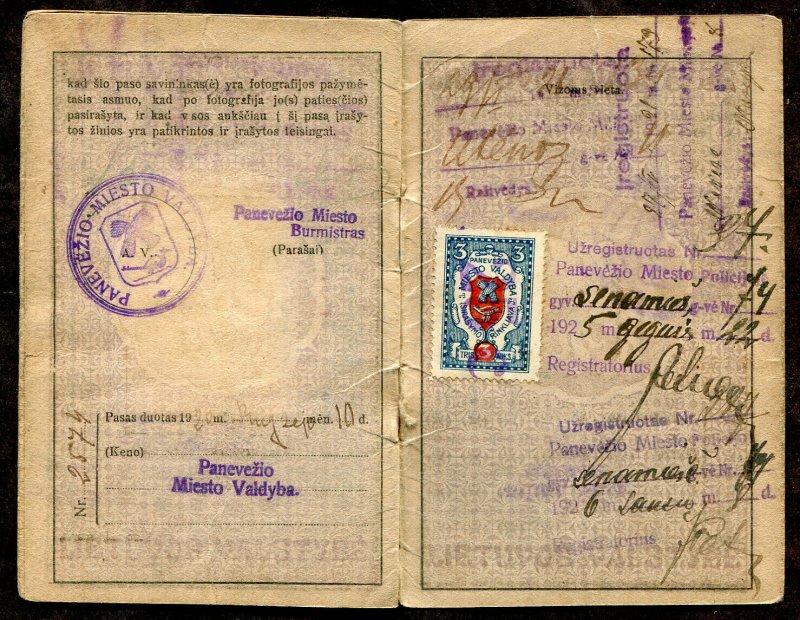p819 - LITHUANIA Panevezis 1920s-30s Municipal REVENUE Stamps on Passport.