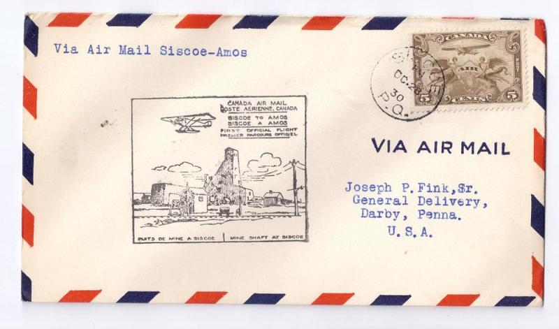 Canada FFC Siscoe to Amos 1930 First Flight Airmail Cover