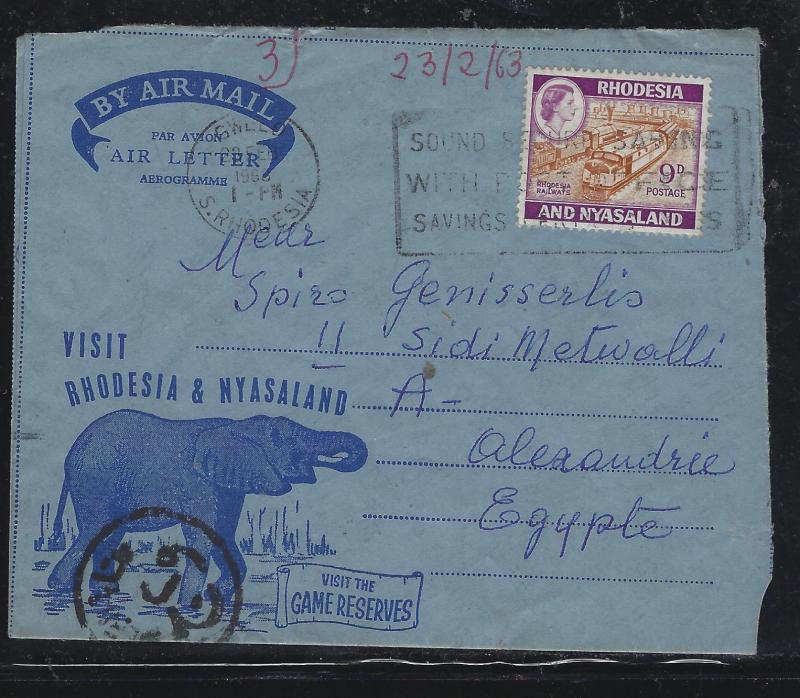 RHODESIA & NYASALAND (PP0308B)  ELEPHANT AEROGRAMME WITH 9D TO EGYPT COPY 2