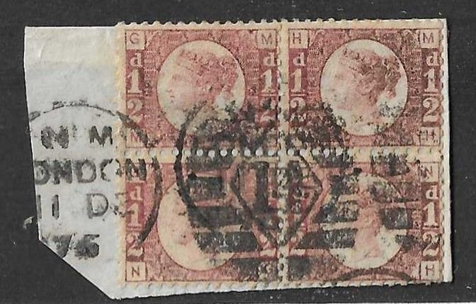 Great Britain Sc #58  1/2p  Plate 12 block of 4 used on piece FVF