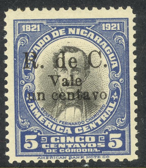 NICARAGUA 1922 1c on 5c POSTAL TAX Overprint Issue Sc RA13 MH