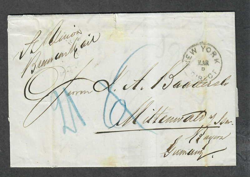 Transatlantic Ship Stampless Cover 1870 New York To Mittenwald Germany