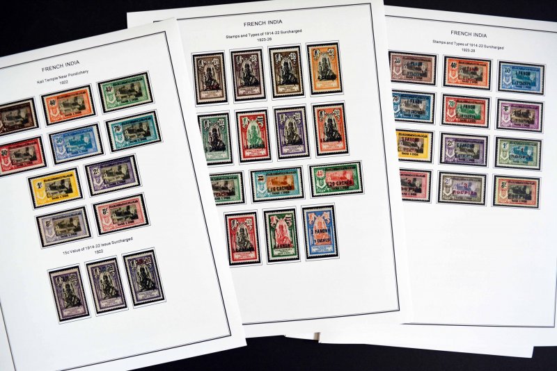 COLOR PRINTED FRENCH INDIA 1892-1954 STAMP ALBUM PAGES (29 illustrated pages)