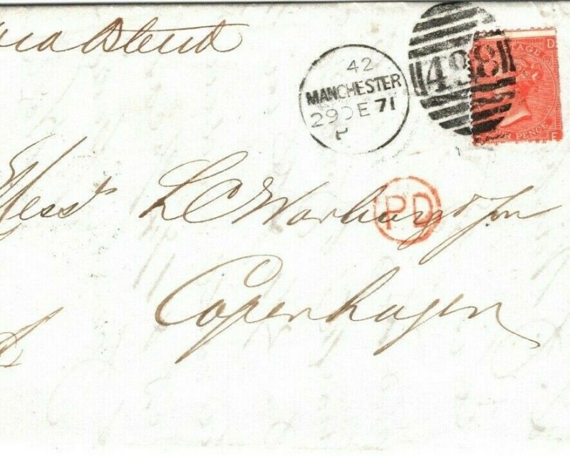 GB Cover DESTINATION MAIL *Manchester* 4d Rate Denmark *Copenhagen* 1871 AA129