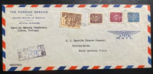 1952 Lisboa Portugal US Embassy Diplomatic  Airmail Cover To Salem NC USA