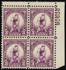 718, Mint H 3¢ Plate Block of Four CV $12.00