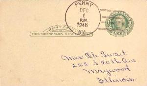 United States Kentucky Penny 1948 4f-bar  1909-1959  Postal Card  Staple hole...