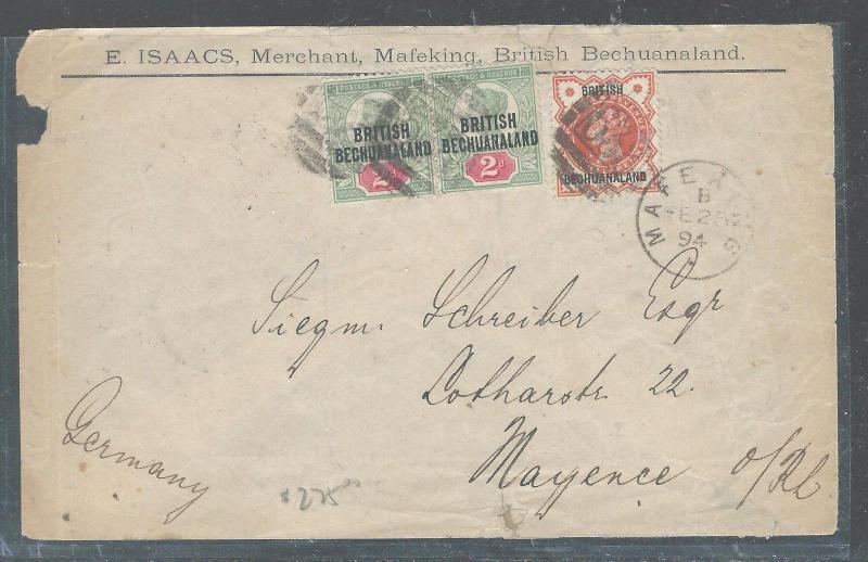 BECHUANALAND (P2308B) 1894 QV 2D PR+1/2D REG COVER FROM MAFEKING