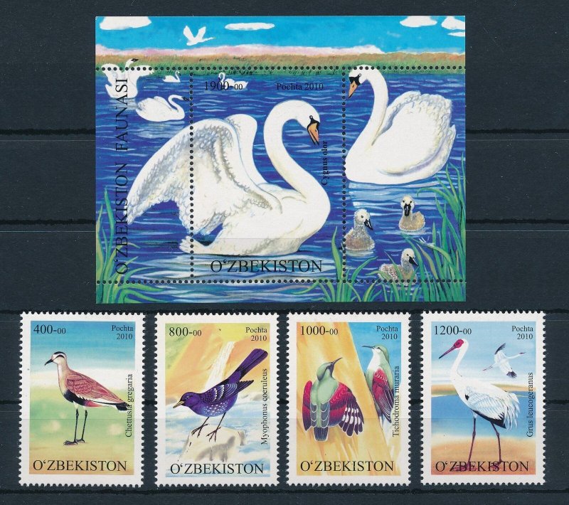 [111722] Uzbekistan 2010 Birds v�gel ducks swan crane with Souvenir sheet MNH