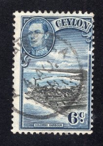 Ceylon 1938 6c blue & black Harbor, Scott 280 used, value = 25c