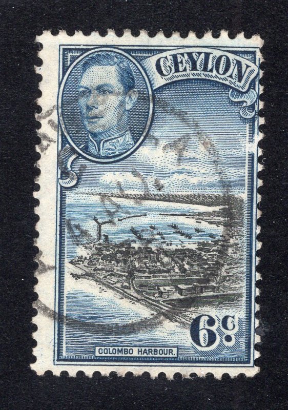 Ceylon 1938 6c blue & black Harbor, Scott 280 used, value = 25c