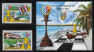 Romania 3746-3748 1992 Chess Olympiad set and s.s. MNH
