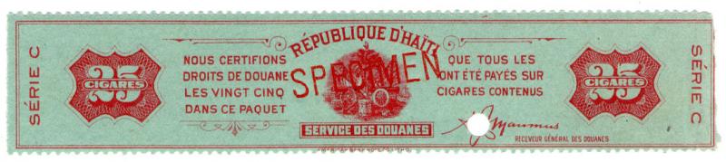 (I.B) Haiti Revenue : Tobacco Duty 25 Cigars (ABN Specimen)