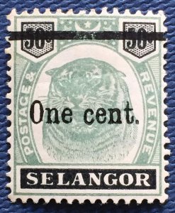 MALAYA 1910 SELANGOR Tiger One Cent opt 50c MH SG#66b M4988