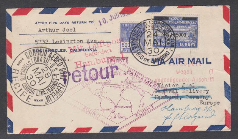 Brazil Sc 254, 4CL5 on 1930 Zeppelin Pan American Flight cover RECIFE to GERMANY