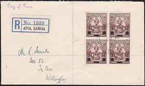 SAMOA 1940 3d overprint block of 4 on FDC - Apia cds.......................A8785