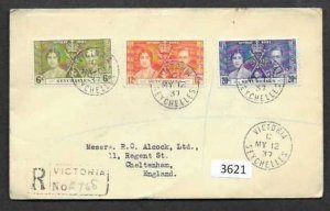(3621) George VI Coronation 1937 Cover, Seychells Registered #F768 ?