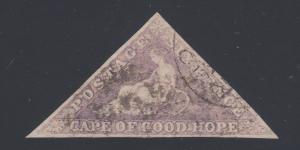 Cape of Good Hope Sc 14 used. 1863 6p purple Seated Hope triangular, Packet CDS