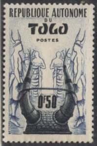 Togo 334 (mint, selvage stuck to back) 50c Konkomba helmet, indigo & blue (1957)