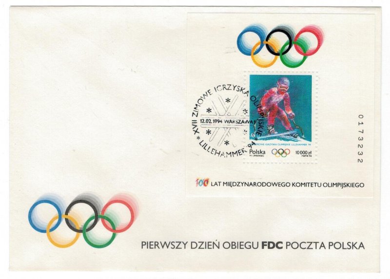 Poland 1994 FDC Stamps Souvenir Sheet Scott 3187 Sport Olympic Games Skiing