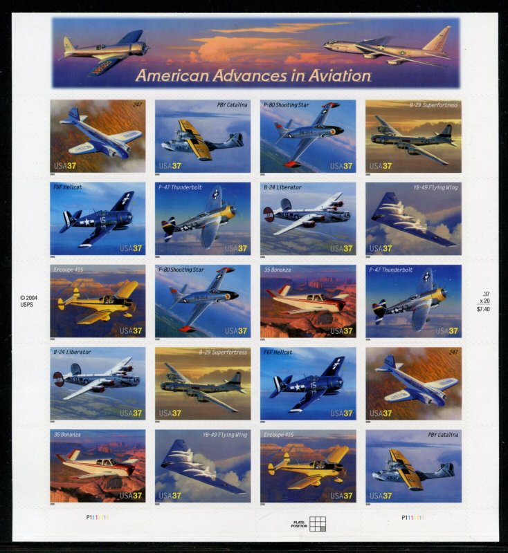 UNITED STATES SCOTT #3916/25 AMERICAN AVIATION COMPLETE SHEET MINT NH