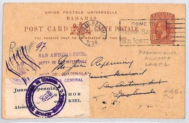 CB35 1938 BAHAMAS KGV UPU Card Guatemala *Forwarding Agents Label* Kiel Germany