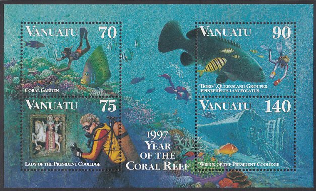 Vanuatu 1997 MNH Sc #696b Lady, Wreck of Pres. Coolidge, Reef, Grouper - Year...