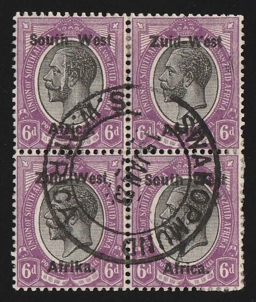 SOUTH WEST AFRICA 1923 setting I KGV block, variety scratch through King's head. 