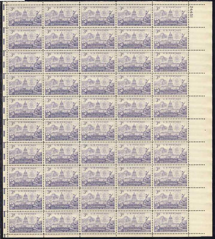 US Stamp - 1951 Colorado Statehood - 50 Stamp Sheet - Scott #1001
