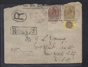 GRENADA  COVER (P1108B) 1929 KGV 3D CONTROL+1D REG TO USA