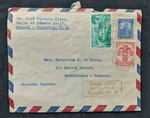 Vintage Bogota Colombia Airmail Cover to Brattleboro Vermont USA