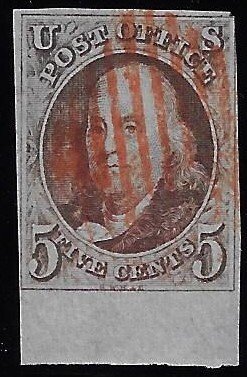 Scott #1 - $550.00 – VF-Used – Bottom Margin Showpiece!