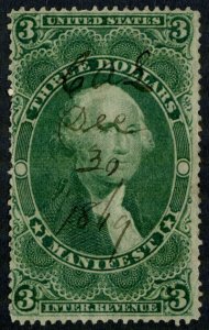 US #R86c 1862-71 $3 Manifest Revenue, Used - 1869, Nice! cv$55.00  *Bay Stamps*