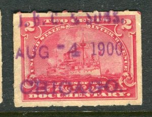 USA; 1890s early classic Battleship Revenue issue fine used 2c. value Postmark