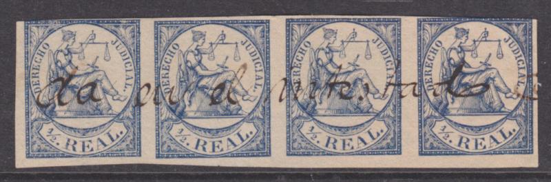 Spanish Colonies Jo AA30 used 1865 ½r blue Fiscal, Strip of 4