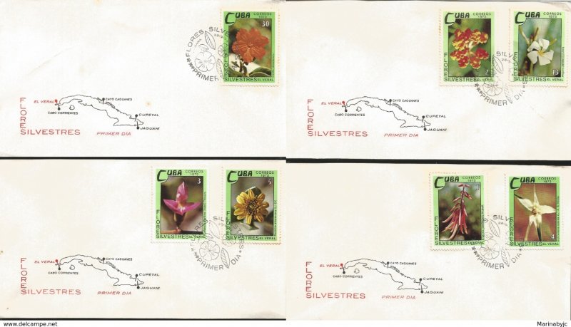 J) 1973 CARIBE, WILD FLOWERS, MAP, MULTIPLE STAMPS, SET OF 4 FDC