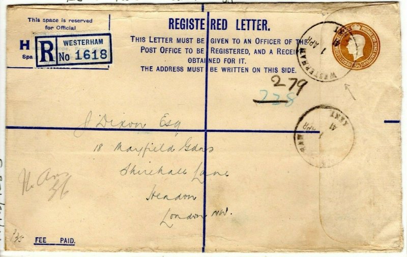 GB Kent Cover Registered *WESTERHAM* Rubber CDS Huggins RP54(h) 1941 PE79 