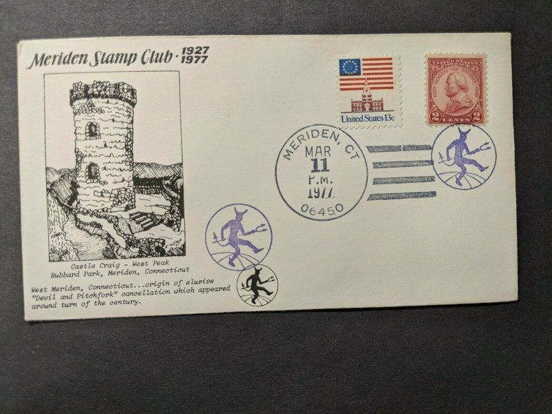 DEVIL & PITCHFORK Cancel Postal History Cover 1977 CASTLE Cachet Meriden, CT