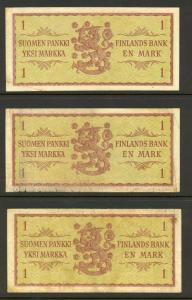 Finland 3 Different 1963 One Mark Banknotes, Circulated