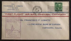 1929 Cristobal Canal Zone Panama First Flight cover FFC to Cartagena Colombia F5