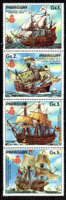 PARAGUAY 1987 OLD SPANISH SAILSHIPS 500°ANIV DISCOVERY STRIP OF 4 MNH Mi 4106-9 