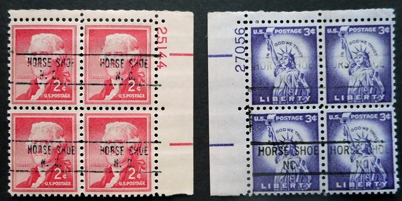 USA, Scott 1033 and 1035, hinged PB4s, with Horse Shoe NC Precancel