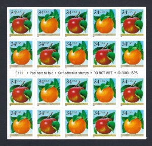 U.S. #3492b MINT, NH  APPLES & ORANGES BOOKLET PANE @ FACE VALUE !