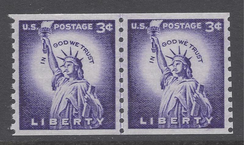#1057 3c Statue of Liberty Joint Line Pair 1956 MNH