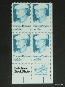 BOBPLATES #1821 Frances Perkins Lower Left Zip Block  F-VF NH SCV=$1.25