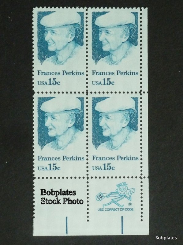 BOBPLATES #1821 Frances Perkins Lower Left Zip Block  F-VF NH SCV=$1.25