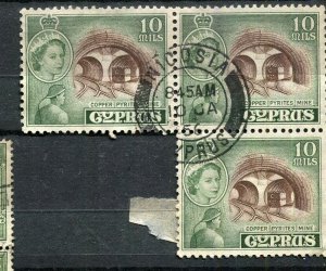 CYPRUS; 1950s early QEII issue 10m used Postmark Block of 3