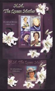 Palau-Scott#706-7-two Unused NH sheets-Queen Mother-In Memoriam-Royalty-2002-