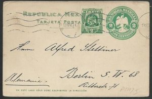 MEXICO 1909 2c postcard uprated and used to Germany........................60558