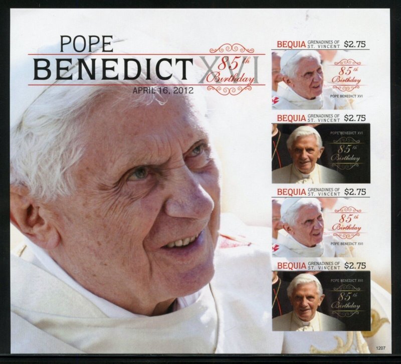 SPECIAL BEQUIA POPE BENEDICT XVI  85th BIRTHDAY  IMPERF SHEET & S/SHEET  MINT NH